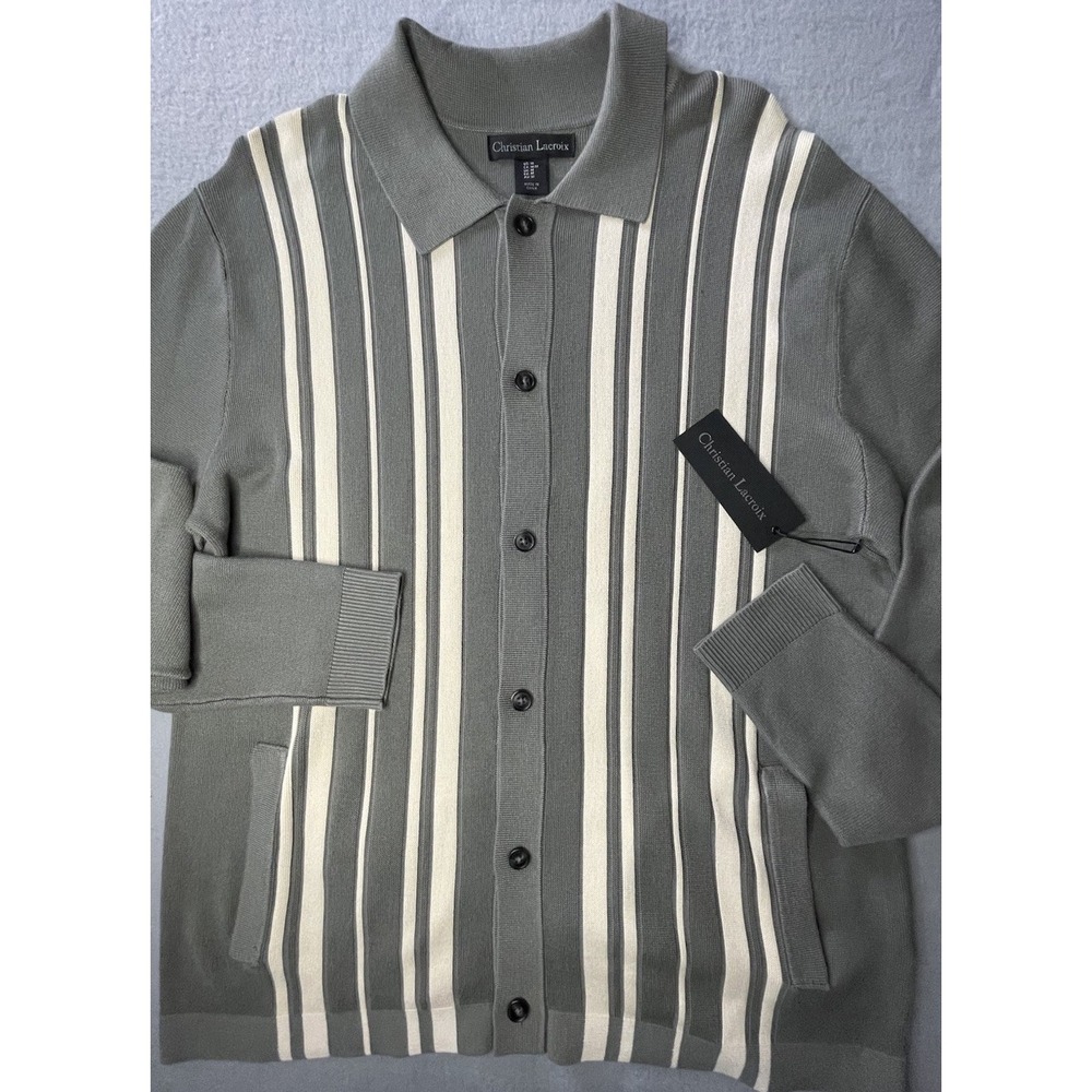 Christian Lacroix Striped Button-Front Knit Cardigan in Olive &‎ Cream Med